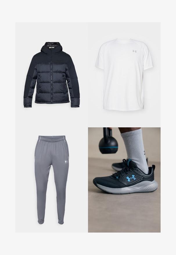 Mornarsko pufasto jopič s prednjim zadrgo, kapuco in šivanim delom. Ima logo na prsih in teksturirano blago na ramenih.; Bela kratka športna majica s kratkimi rokavi, izdelana iz gladkega blaga. Ima okroglo ovratnico in sivo logotip na levi prsi ter stranske razpoke na robu.; Sive športne hlače z elastičnim pasom, stranskimi žepi in belimi poudarki. Narejene iz gladkega, lahkega materiala.; Črne atletske čevlje z modrimi detajli, teksturirano zgornjo plastjo in sivo podplato. Obuti z sivimi rebrastimi nogavicami, ob črnem kettlebellu.