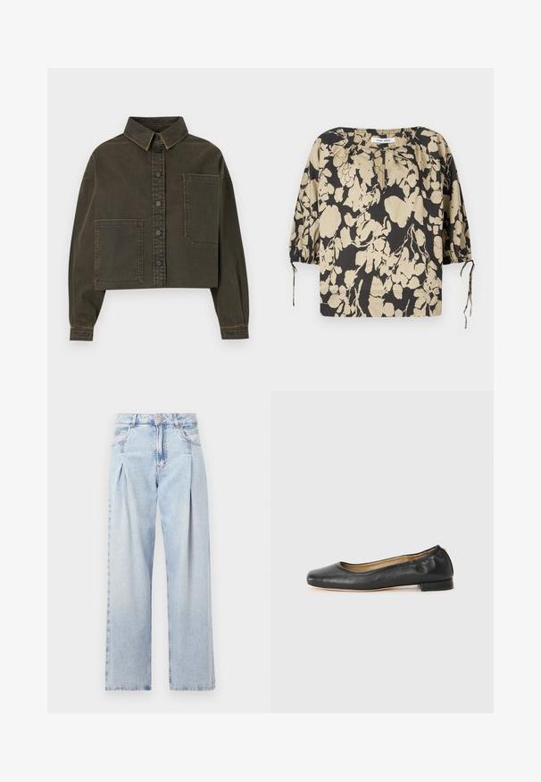 Tumši zaļā krāsā apgriezta džinsu jaka ar pogu priekšpusi, uzpūsto apkakli un lielu krūšu kabatu. Iezīmē kontrastējošas šuves un garas piedurknes.; Melna un bēša ziedu blūze ar vaļīgu piegriezumu, apaļu kakla izgriezumu un pūderveida piedurknēm. Aprīkota ar aukliņām pie kakla un elastīgiem aprocēm.; Gaiši zilas džinsu bikses ar augstu jostasvietu, plats kāju griezumu, divām sānu kabatām un krokotā dizaina akcentiem. Mīksta tekstūra ar izdilušu apdari.; Melnas ādas baleta kurpes ar noapaļotu purngali un minimālu šuvju skaitu. Zemas, taisnstūra formas papēdis un gluda tekstūra. Smalka iekšējā oderes detaļa.