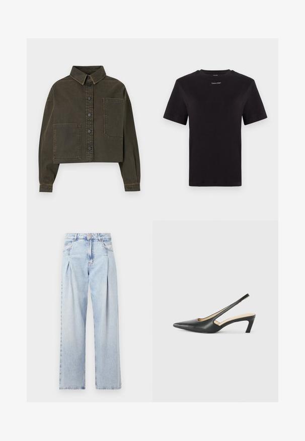 Avskuren denimjacka i mörkgrön med knäppning framtill, spetsig krage och stor bröstficka. Har kontrasterande sömmar och långa ärmar.; Svart bomulls t-shirt med korta ärmar, rund halsringning och liten vit "Calvin Klein" logotyp vid bröstet. Slät textur, klassisk passform.; Ljust blå denimjeans med hög midja, vida ben, två sidofickor och veckad design. Mjuk textur med en blekt finish.; Svart spetsig slingback-sko med låg klack, som har ett slätt lädermaterial och utskärningsdesign på sidan för andningsförmåga.