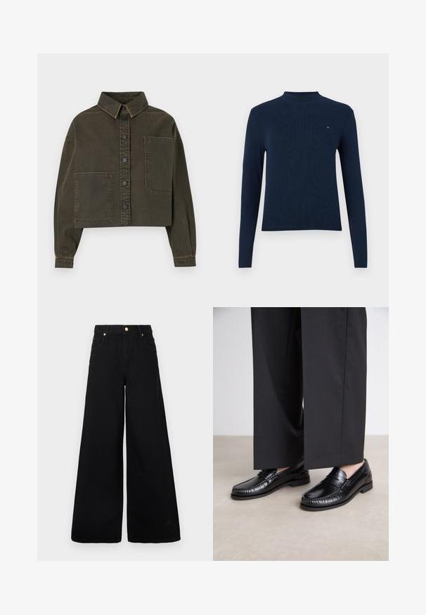 Casaco de ganga cortado em verde escuro com fecho de botão, gola de ponta e grande pocket no peito. Apresenta costuras contrastantes e mangas longas.; Blusa de gola alta de manga longa em azul marinho, com textura canelada, apresentando um pequeno logótipo no peito, com um design ajustado e decote redondo.; Jeans largos e negros, feitos de denim, com uma cintura alta, dois bolsos frontais e detalhes em metal dourado na cintura.; Mocassins de couro preto com um acabamento liso, detalhes costurados à volta da ponta e uma sola de borracha baixa. Combinados com calças largas pretas.