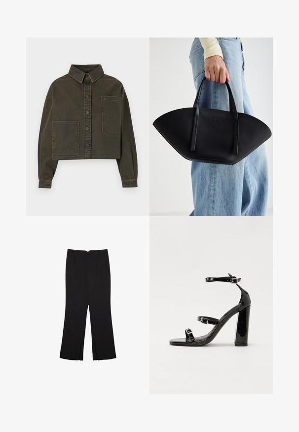 Kratka traper jakna u tamnozelenoj boji s gumbima sprijeda, ovratnikom u obliku točke i velikim džepom na prsima. Ima kontrastne šavove i duge rukave.; Crna kratka majica s kratkim rukavima i okruglim izrezom, jednostavnog dizajna, položena na ravnu bijelu podlogu.; Crne hlače ravnog kroja, s prednjim džepovima i bočnim prorezima na rubu. Izrađene od mekog i glatkog materijala. Pogodne za razne prigode.; Crne lakirane sandale na visoku petu s dva remena s kopčama, kvadratnim vrhom i masivnom blok petom, s glatkom, sjajnom teksturom.; Crna kožna torba jedinstvenog oblika ventilatora, s ravnim ručkama. Površina ima teksturu sličnu šljunku i minimalistički dizajn.