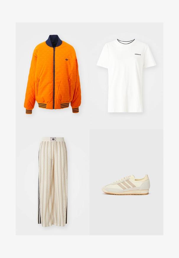 adidas Originals Pilotska jakna - unity orange/night indigo; Bijela pamučna majica kratkih rukava s okruglim izrezom. Ima crni Adidas logo na prsima i kontrastnu crnu unutrašnju ovratniku.; Pantalone širokog kroja krem boje s zigzag uzorkom, koji sadrži sivi pojas s crnim logotipom i bočne crne pruge. Lagani, teksturirani materijal.; Kremaste atletske tenisice s tri bež pruge, od nubuk kožne i tekstilne tkanine, s teksturiranim potplatom i utisnutim brendiranjem na peti.