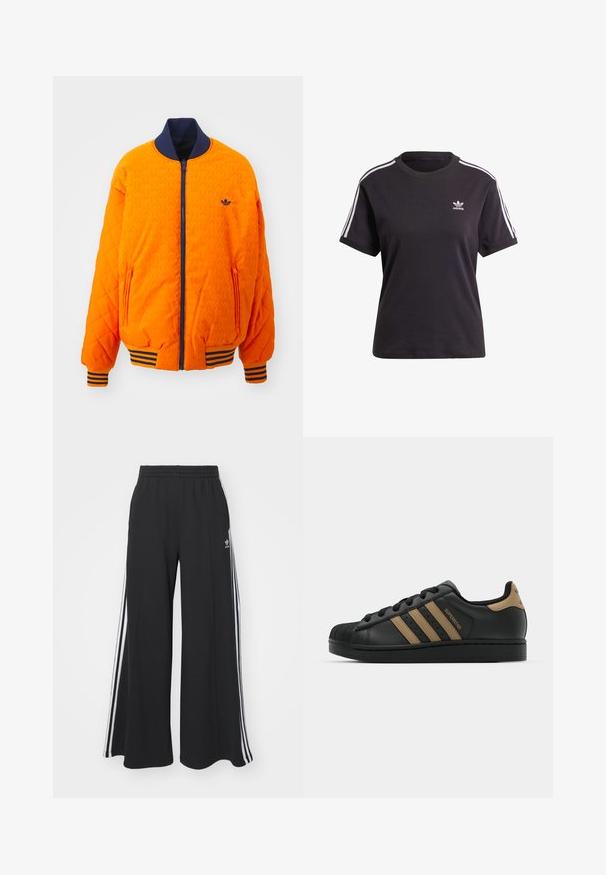 adidas Originals Bomberjacks - unity orange/night indigo; Zwart katoenen t-shirt met korte mouwen en ronde hals, met witte strepen op de schouders en een klein wit Adidas-logo op de borst.; Zwarte wijde sweatpants met een elastische tailleband, met witte zijstrepen en een geborduurd logo op de linker dij.; Zwarte leren sneaker met drie bruine strepen, gestructureerde rubberen neus, vetersluiting aan de voorkant en platte zwarte zool. Heeft een subtiele logo op de hiel.