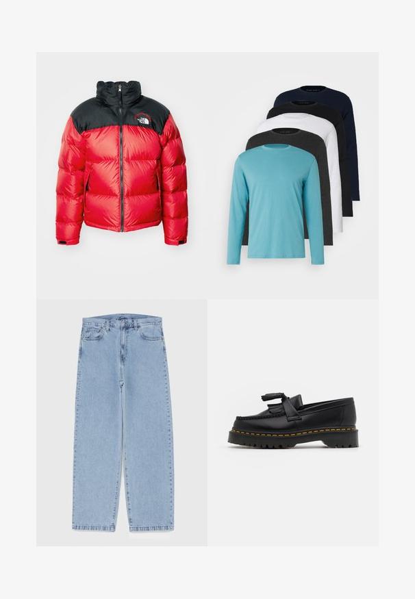 Sarkans pūkains džemperis ar melnā kviltotā augšdaļā. Iezīmēts ar augstu apkakli, priekšējo rāvējslēdzi, logotipu uz krūtīm un elastīgām piedurknēm. Viegla tekstūra.; Pieci garie piedurkņu T-krekli rindā: tirkīza, melna, balta, tumši pelēka un jūras zila. Mīksts audums ar apaļu kakla izgriezumu un standarta piegriezumu.; Gai zila džinsu bikses ar taisnu kāju dizainu, kas piedāvā vidēju vidukļa augstumu, piecas kabatas un pogas un rāvējslēdzēja aizdari.; Melnas ādas mokasīni ar pērlītēm uzsvaru, ar masīvu melnu zoli un dzeltenu šuvumu gar malu. Ar teksturētu apdari.