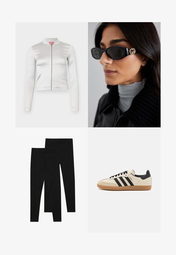Valkoinen satiinista valmistettu vetoketjullinen takki, jossa on pitkät hihat, vartalonmyötäinen muotoilu, poimutettu kaulus ja punainen logotunnus kaulassa. Sileä pinta, jossa on vähäinen kiilto.; Valkoinen puuvillainen hihaton toppi, jossa on pyöristetty pääntie, ei hihoja ja vartalonmyötäinen muoto. Sileä pinta, yksinkertainen muotoilu ja vähäiset ompeluyksityiskohdat.; Mustat legginssit, jotka on valmistettu joustavasta kankaasta, joissa on saumaton vyötärö ja kapea malli, sopivat arkikäyttöön tai liikuntaan.; Beige urheilukenkä mustilla raidoilla, kumipohjalla ja mustilla yksityiskohdilla. Ominaisuuksiin kuuluu sileä nahkainen päällinen ja pyöristetty kärjen muoto.; Mustat aurinkolasit, joissa on tyylikäs suorakulmainen kehys ja kultainen logo-akkentti sivussa. Tumma linssit ja kiiltävä pinta ovat huomattavissa.; Musta ja hopea adidas käsilaukku, jossa on sileä pinta, kiiltävä niittikuosi ja erottuva kaareva muotoilu.