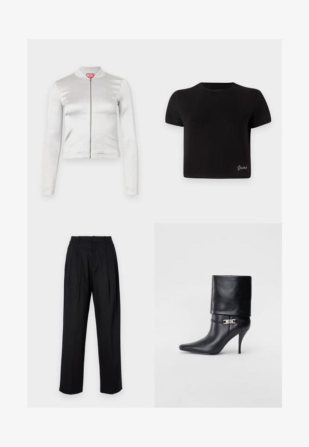 Biely saténový zipsový kabát s dlhými rukávmi, priliehavý strih, rebrovaný golier a červený logo detail na krku. Hladká textúra s minimálnym leskom.; Čierne tričko s krátkym rukávom vyrobené z bavlny. Má okrúhly výstrih a malé strieborné logo "Guess" na spodnej ľavej strane.; Čierne nohavice s presne tvarovaným strihom, s vysokým pásom, skladačkami a rovným strihom nohavíc. Vyrobené z hladkej látky v jednej farbe.; Čierna kožená členková topánka s špicatou špičkou, vysokým ihlovým podpätkom, prehnutým manžetom a zlatým dekoratívnym sponou na členku.