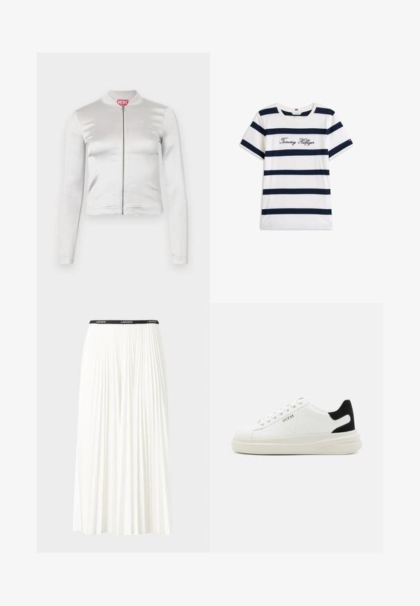 Valge satiinist tõmblukuga jakk pikkade varrukatega, istuv disain, soonikkoes krae ja punase logoga detail kaela juures. Sile tekstuur minimaalsete läikeefektidega.; Puuvillane T-särk horisontaalsete tumesiniste triipudega valgel taustal. Rinnal on kiri "Tommy Hilfiger" kantud kursiivis. Ümmargune kaelus.; Kurtitudega valge seelik musta elastse vööga, millel on "LACOSTE" logo. Keskmise pikkusega disain pehme tekstuuriga.; Valged nahast tennisetossud paksu valge tallaga, musta sametist kontsakeeuga ja külje peal riigilogo reljeefne kujundus. Lukkeskeem kuue silmaauguga.
