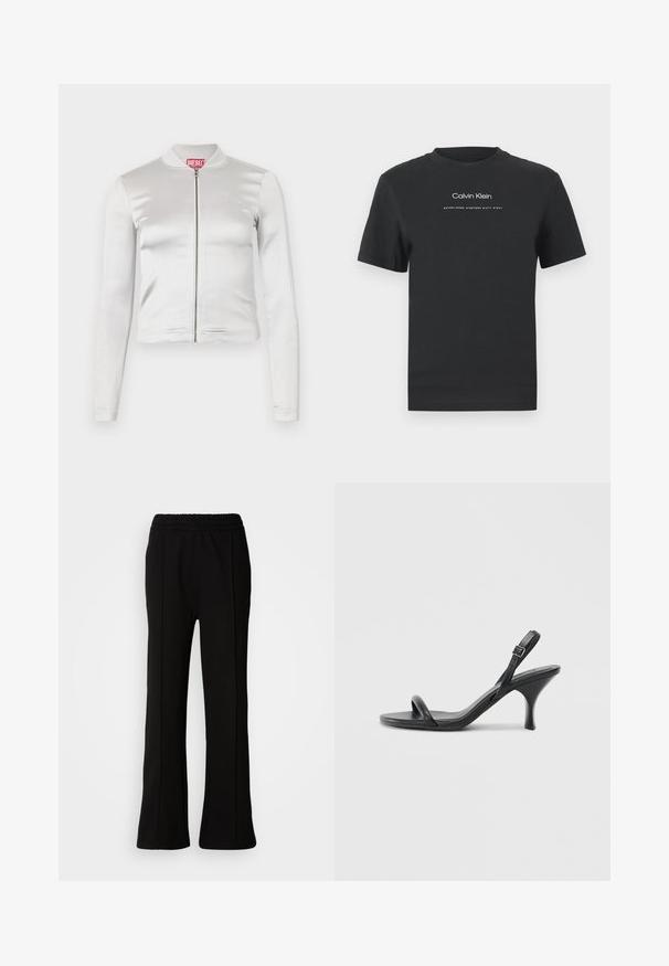 Fehér selyemfényű zipzáras dzseki hosszú ujjal, szabott dizájnnal, bordázott gallérral és piros logó részlettel a nyaknál. Simára kidolgozott textúra, minimális fényességgel.; Fekete pamut póló kerek nyakkivágással, rövid ujjakkal, fehér nyomott "Calvin Klein" logóval és "Established 1968" felirattal.; Fekete elasztikus derékú nadrág, fodros fazonnal, tiszta vonalakkal és látható díszítések nélkül. Simló, rugalmas anyagból készült.; Fekete bőrből készült, magassarkú szandál, vékony, ívelt sarokkal és keresztben átkötött pántokkal. Állítható bokapánt. Sima felület.