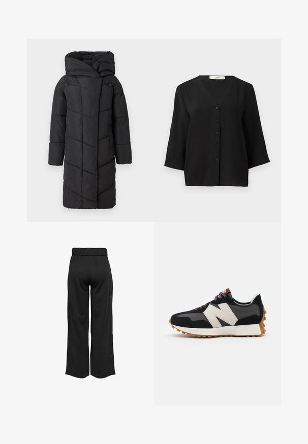 Casaco puffer preto com um grande capuz, apresentando um padrão de acolchoado diagonal, mangas longas e um corte reto que se estende além dos joelhos.; Camisa preta de manga curta com botão e decote em V, apresenta um tecido texturizado e seis botões pretos na frente.; Calças largas e pretas com uma cinta elástica, feitas de um tecido suave. Apresentam um design limpo, sem bolsos ou detalhes de costura visíveis.; Sneaker em camurça preta e cinza com um grande logótipo "N" creme, cordões roxos e uma sola de borracha texturizada em cor de goma.