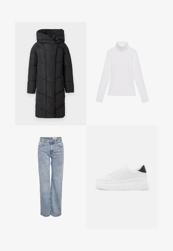 Črna puhovka z velikim kapuco, z diagonalnim prešitim vzorcem, dolgimi rokavi in ravnim krojem, ki sega čez kolena.; Bela dolga majica s turtleneck ovratnikom, izdelana iz gladke, raztegljive tkanine. Ima visok ovratnik in prilega telesu, brez vidnih vzorcev ali okrasitev.; Svjetloplave široke traperice od denima, sa visokim strukom, dizajnom s pet džepova i suptilnim blijeđenjem za izgled nakon nošenja.; Bele platform tenisice izdelane iz gladkega sintetičnega materiala, z zaobljenim prstom, sistemom vezalk in teksturiranim gumijastim podplatom. Črn dodatek na peti.