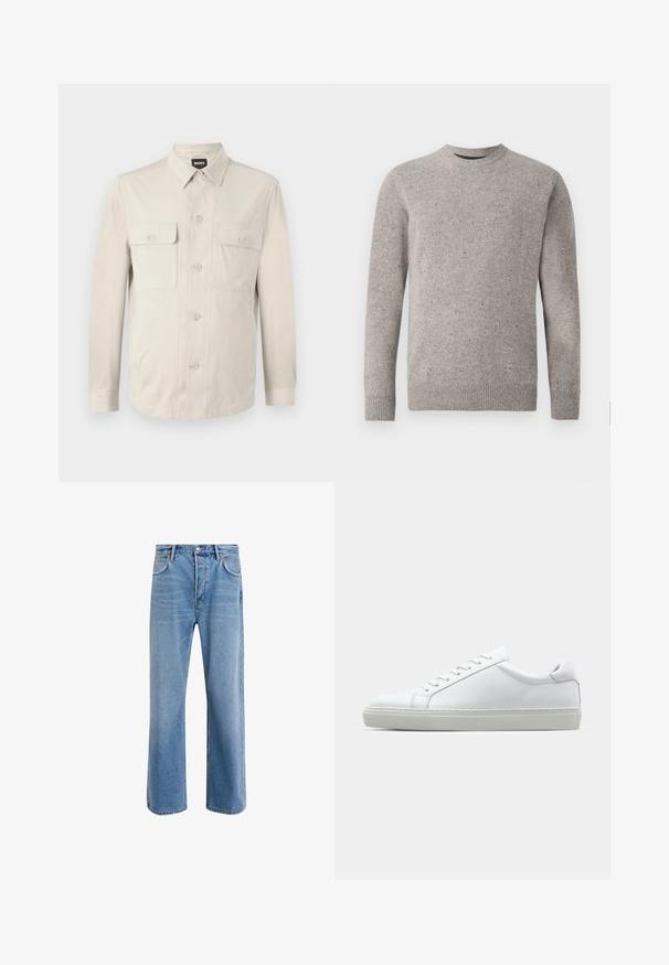 Light beige button-up shirt with long sleeves, two front pockets, and a classic collar. Made of smooth fabric with a relaxed fit.; Light gray knitted sweater with a crew neckline, long sleeves, and ribbed cuffs and hem. Textured pattern with flecks of color.; Light blue denim jeans with a straight-leg design, five pockets, button closure, minimal fading, and contrasting stitching details.; White sneaker with a smooth leather upper and a low profile. Features a rounded toe, six eyelets, and a textured rubber sole.