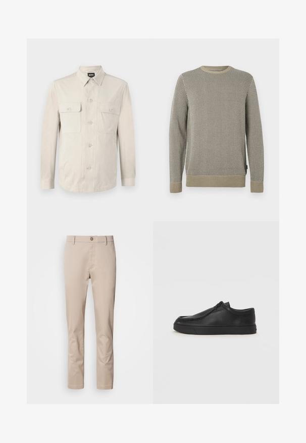 Chemise boutonnée beige clair à manches longues, avec deux poches avant et un col classique. Fabriquée en tissu lisse avec une coupe décontractée.; Pull-over en béiga avec une motif pied-de-poule noir, doté d'un col rond, de poignets côtelés et d'une finition texturée.; Chinos en coton beige avec une coupe droite, passants de ceinture, un unique bouton frontal et une surface lisse, sans texture. Aucune poche n'est visible.; Chaussure noire en cuir à enfiler avec un bout arrondi, des détails cousus et une semelle en caoutchouc noire. Texture lisse avec un design minimaliste.
