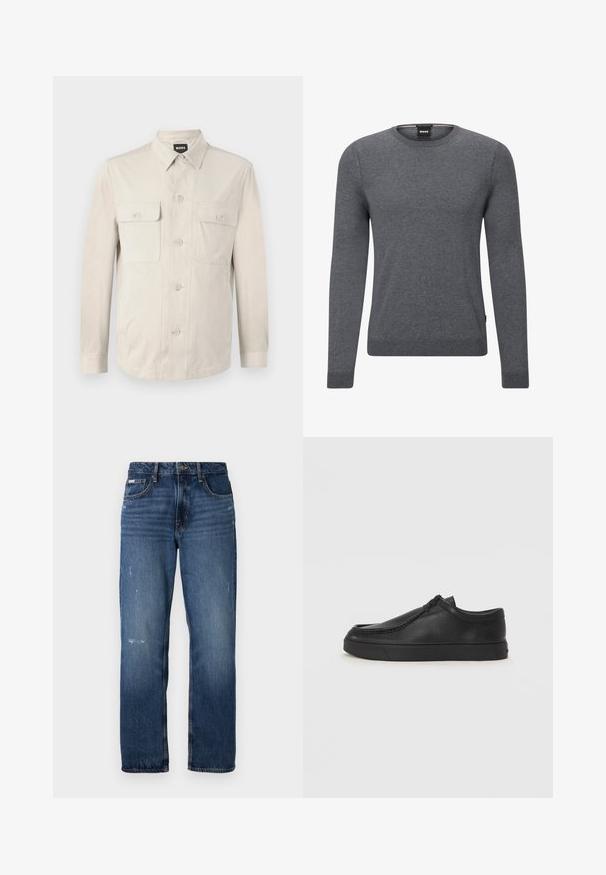 Világos bézs színű, gombos ing hosszú ujjal, két elülső zsebbel és klasszikus gallérral. Simító anyagból készült, laza fazonú.; Szürke, kerek nyakú pulóver puha kötött anyagból. Hosszú ujjakkal rendelkezik, bordás mandzsettákkal és aljjal, valamint egy kis logó címkével az oldalon.; Kék farmernadrág egyenes lábvágással. Halványodott területekkel és enyhe kopással az elülső részén, klasszikus gombzárással.; Fekete bőr slip-on cipő lekerekített orral, varrott részletekkel és fekete gumitalppal. Simaság és minimalista dizájn jellemzi.