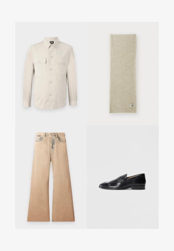 Světlé béžové košile na knoflíky s dlouhými rukávy, dvěma předními kapsami a klasickým límcem. Vyrobeno z hladkého materiálu s pohodlným střihem.; Bílá košile s dlouhým rukávem vyrobená z texturované látky, s klasickým límcem, knoflíkovým zapínáním vpředu a rovný lem, s volným střihem.; Beige široké džíny s vybledlým vzhledem, designem pěti kapes a prošívanými detaily podél švů. Pas má tradiční zapínání na knoflík.; Černé kožené mokasíny s hladkým povrchem, špičatou špičkou a decentními švy. Mají plochý podpatek a embosované logo na boku.; Béžový pletený šál s vertikálním ribbovým potiskem. Na jednom konci je malá textilní nášivka s nápisem "DRYARN". Měkký, lehký materiál.; Černý motýlek s diagonálními modrými pruhy, vyrobený z hladké tkaniny. Má zúžený konec a uzlovou smyčku na vršku.