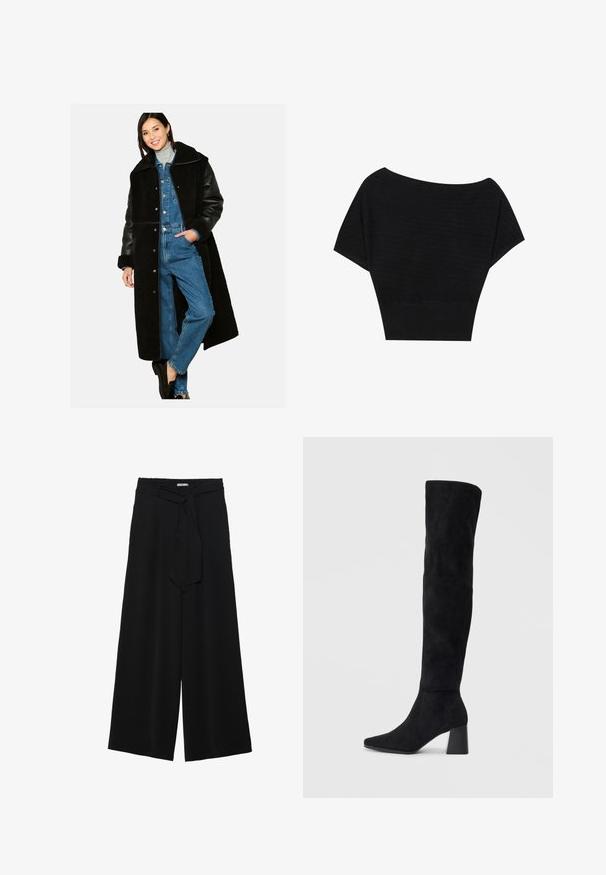 Cappotto in shearling nero con maniche in pelle, design oversize, chiusura a bottoni, indossato sopra una tuta in denim, con tasche e colletto alto.; Anna Field T-shirt con stampa - black; Pantaloni neri a gamba larga caratterizzati da un tessuto testurizzato, una vita elastica e una cintura staccabile per una vestibilità regolabile.; Stivale in suede nero alto fino al ginocchio con tacco a blocco, punta affusolata e design liscio e senza cuciture su uno sfondo chiaro e semplice.