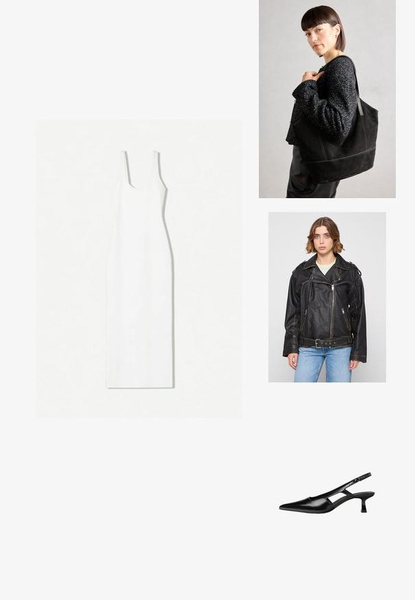 Svart läderbikerjacka med hög krage, silverfärgade dragkedjor och bältelement; har en avslappnad passform och synlig sömnad.; Vit ärmlös klänning med båtringning, figurnära silhuett och ankellång nederkant. Tillverkad av mjukt tyg med en minimalistisk design.; Svart lackläder slingback-klackar med spetsig tå, utskuren sidor och en liten fyrkantig klack. Slät textur med minimala accenter.; Svart mocka tote-väska med en slät textur, strukturerad form och kontrasterande sömmar. Har långa bärremmar för axelbärande.