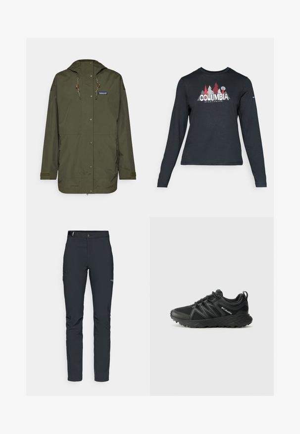 Patagonia OUTDOOR EVERYDAY RAIN JACKET - Casaco impermeável - pine needle green; Camisa de mangas longas cinza escuro com um gráfico de árvores vermelhas e montanhas; logótipo "COLUMBIA" em texto branco em negrito. Tecido suave, cuello redondo padrão.; Calças de exterior para homens, cinza escuro, feitas de material flexível, com cinto, bolsos com fecho éclair e costuras reforçadas.; Columbia PEAKFREAK - Sapatos de caminhada - black