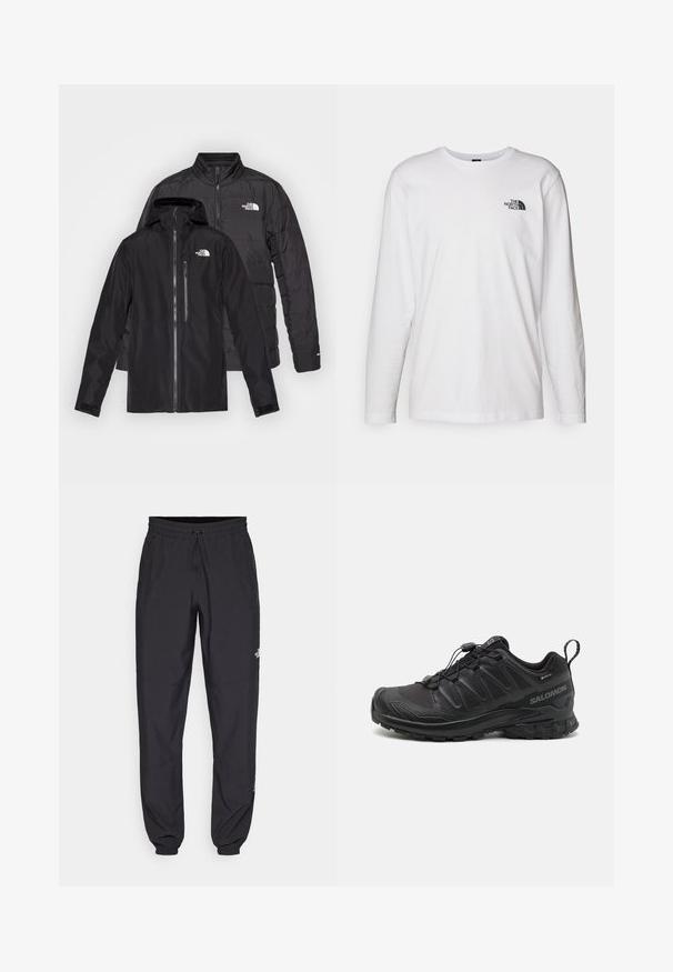 Giacche outdoor nere impilate: un impermeabile con cappuccio e tasche con zip sopra una giacca imbottita con cuciture orizzontali.; T-shirt bianco a maniche lunghe in cotone con colletto rotondo. Presenta un piccolo logo nero sul petto. Texture liscia, vestibilità regolare.; Pantaloni sportivi neri realizzati in tessuto leggero, con vita regolabile con cordino, tasche laterali e orli affusolati alle caviglie.; Scarpa sportiva nera con parte superiore in sintetico testurizzato, suola imbottita e sistema di allacciatura rapida. Presenta una punta e un tallone rinforzati.