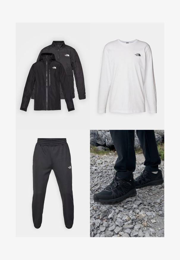 Giacche outdoor nere impilate: un impermeabile con cappuccio e tasche con zip sopra una giacca imbottita con cuciture orizzontali.; T-shirt bianco a maniche lunghe in cotone con colletto rotondo. Presenta un piccolo logo nero sul petto. Texture liscia, vestibilità regolare.; Pantaloni sportivi neri con vita regolabile tramitecordino, vestibilità affusolata, polsini elasticizzati e un piccolo logo bianco sulla coscia sinistra, realizzati in tessuto morbido.; Scarpe da esterni nere realizzate in mesh e materiale sintetico, con una parte superiore testurizzata, un sistema di allacciatura sicuro e una suola robusta, su terreno roccioso.