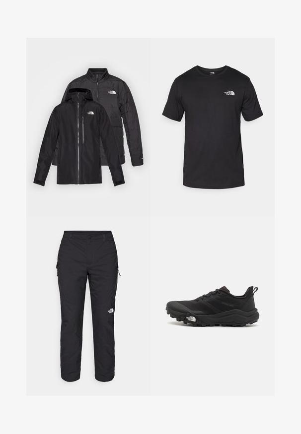 Fekete kültéri dzsekik egymásra rakva: egy vízálló kabát kapucnival és cipzáras zsebekkel egy puffos, szigetelt dzsekin, vízszintes varrással.; Fekete rövidujjú pamut póló, kerek nyakkivágással, a bal felső mellkason egy kis fehér logóval.; The North Face WINTER EXPLORATION TAPERED CARGO - Szabadtéri nadrágok - black; Fekete terepfutó cipő, textúrált felső résszel, gumitalppal és megerősített lábujjrészével. Párnázott bokarésszel és húzófüllel rendelkezik a könnyű felhúzáshoz.