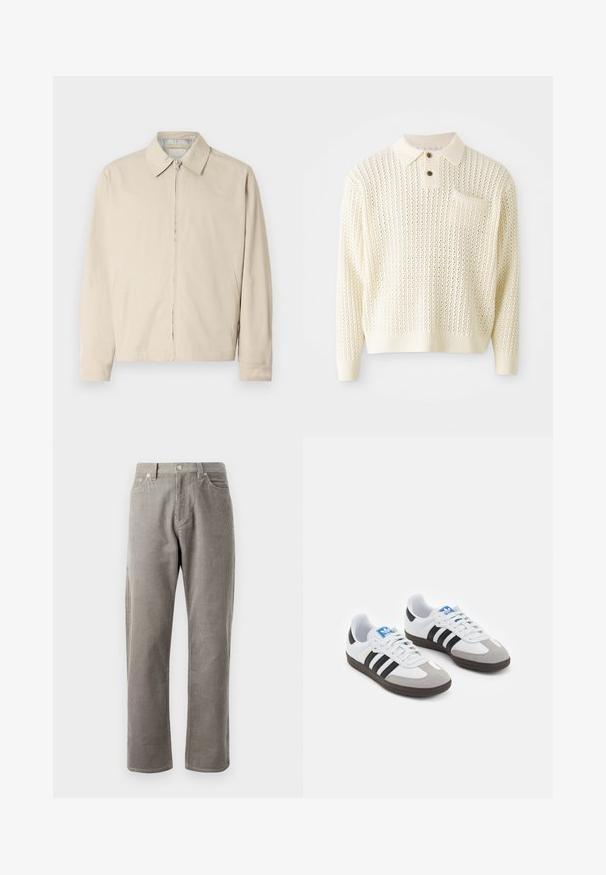 Beige leichte Jacke mit spitzem Kragen, frontalem Reißverschluss und seitlichen Taschen. Glatte Textur und schlichtes Design.; Hellcreme gestrickter Pullover mit strukturiertem Muster, zwei Knöpfen und einer Brusttasche. Verfügt über gerippte Bündchen und Saum.; Grau karierte Hose mit geradem Schnitt, einem hohen Bund, frontalen Taschen und subtiler vertikaler Rippstruktur.; Sportschuhe mit einem Obermaterial aus weißem Leder, grauer Wildleder-Zehenkappe und drei schwarzen Streifen. Sie verfügen über ein blaues Logo auf der Zunge und eine strukturierte Gummisohle.