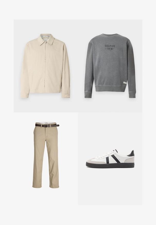 Chaqueta ligera beige con cuello puntiagudo, cierre frontal de cremallera y bolsillos laterales. Textura suave y diseño sencillo.; Sudadera gris de manga larga con cuello redondo, con el texto "SURPLUS DNM" impreso en negro en el pecho y una pequeña etiqueta blanca cerca del dobladillo.; Pantalones de algodón beige de corte recto, con presillas para cinturón, un cinturón de cuero marrón y un diseño clásico. Textura suave y resistente.; Zapatilla blanca con acentos en negro y gris, que presenta una puntera texturizada en gris, suela de goma negra y cordones planos blancos. Diseño limpio, estilo minimalista.