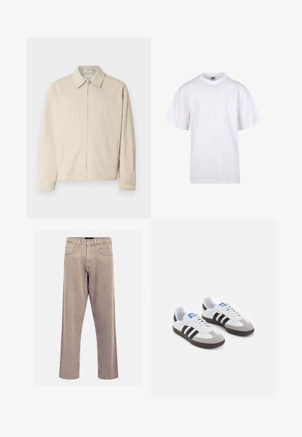 Jachetă ușoară bej, cu guler ascuțit, închidere cu fermoar frontal și buzunare laterale. Textură netedă și design simplu.; Tricou alb din bumbac, cu guler rotund, mâneci scurte și croială lejeră. Dispune de un design simplu, fără modele sau accente.; Jeans bej cu croi drept, fabricate din denim, având un design clasic cu cinci buzunare, accente cusute și o finisare curată a tivului.; Încălțăminte sport cu un superior din piele albă, vârf din suede gri și trei dungi negre. Prezintă un logo albastru pe limbă și o talpă din cauciuc texturat.
