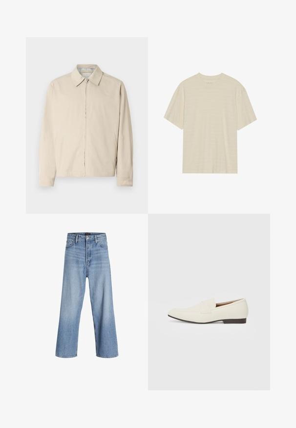 Beige letvægtsjakke med spidse krave, front lynlås lukning og sidelommer. Glat tekstur og enkelt design.; Cremefarvet kortærmet t-shirt med en subtil stribet tekstur og rund halsudskæring, lavet af letvægtsstof.; Lyseblå denim bukser med brede ben og høj talje, med knaplukning, fem lommer og et subtilt slidtegn. Ren kantfinish.; Lys beige loafers med spids tå, glat materiale, en rem over vampen og en lav brun sål. Simpelt design med minimale detaljer.