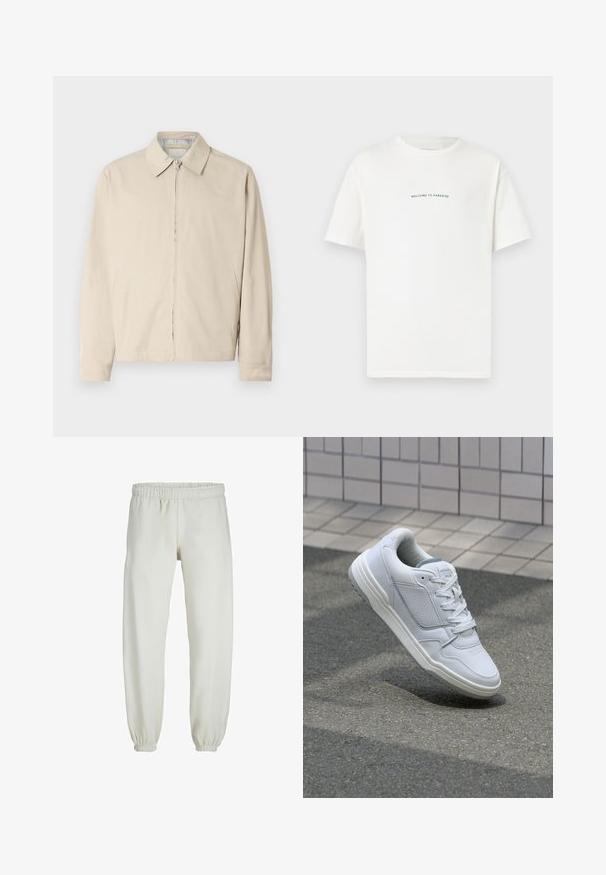 Bež kerge jakk terava kraega, eeslukuga ja küljetaskutega. Sile tekstuur ja lihtne disain.; Valge puuvillane T-särk lühikeste varrukatega ja ümar kaelus. Keskel on tekst "TERE TULEMA PARADISSE" kaardus rohelises fondis.; Valged trennipüksid, mis on valmistatud pehmest kangast, elastse vöökoha ja mansettidega, sileda tekstuuri ja lõdva lõikega.; Valge nahkne toss, millel on perforeeritud külgedega, tekstuuriga aktsendid, lame pael ja kontrastne hall konts. Omab veidi tõstetud tallat.