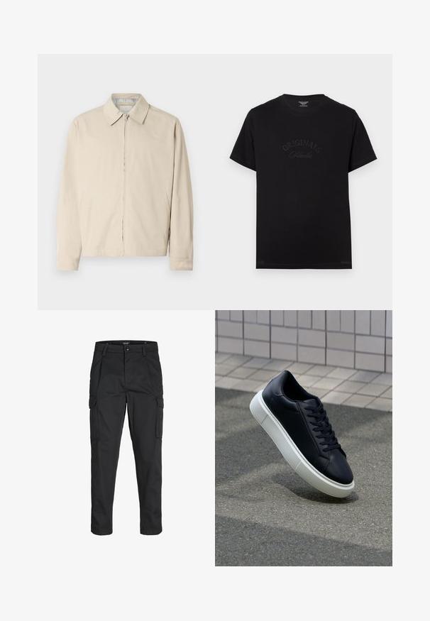 Beige lightweight jacket with a pointed collar, front zip closure, and side pockets. Smooth texture and simple design.; Black cotton t-shirt with short sleeves and a round neckline. Features "ORIGINALS Studio" embossed in tonal lettering on the front.; Black cargo pants made of sturdy fabric, featuring multiple pockets, a button closure, and a slim fit design with tapered legs.; Black leather sneaker with rounded toe and white rubber sole. Features flat laces and minimal stitching on the upper. Textured sole for grip.