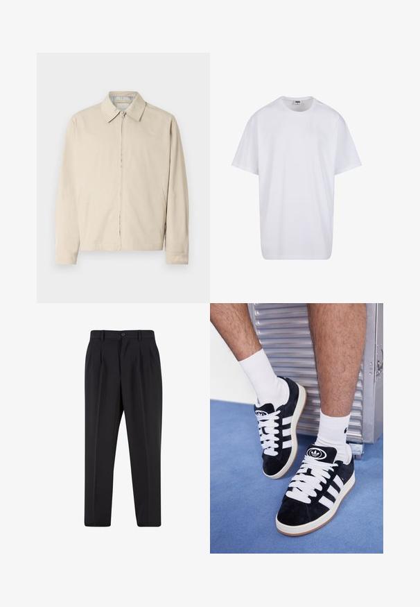Bežs vieglais jaka ar norādītu apkakli, priekšpuses rāvējslēdzēja aizdari un sānu kabatām. Gluda tekstūra un vienkāršs dizains.; Balta kokvilnas T-kreklu ar īsām piedurknēm, apaļu kakla izgriezumu, brīvu piegriezumu un bez redzamām logo vai rakstiem. Gluda tekstūra un minimālistisks dizains.; Melni brīvie bikses ar krokotu priekšpusi, izgatavotas no gludas auduma. Iespējama poga aizdare un jostas cilpas; taisnu kāju forma.; Melni zamšaini sporta apavi ar baltiem šņorēm un trim baltām svītrām. Iekļauj arī apaļu melnu logotipu uz mēles un gumijas zoli.