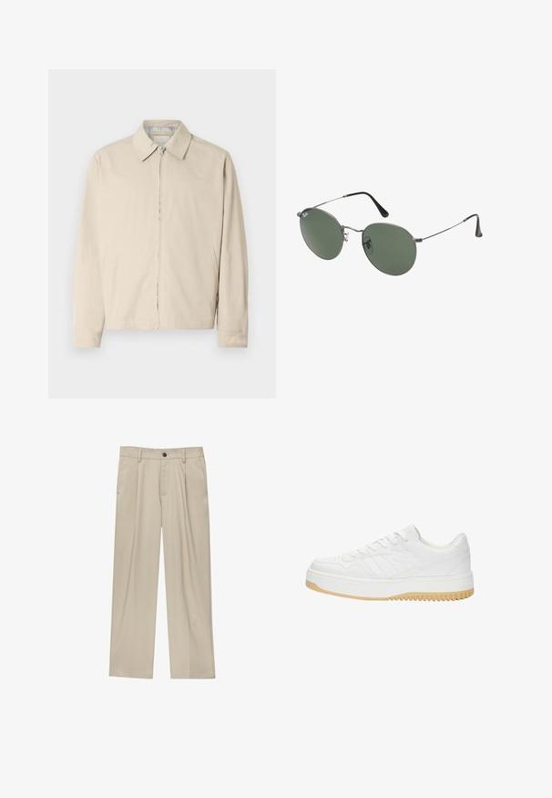 Beige színű, könnyű dzseki hegyes gallérral, elülső cipzárral és oldalsó zsebekkel. Simább textúrájú és letisztult dizájn.; Fehér polo póló, amely pamutból készült, klasszikus gallérral, rövid ujjakkal és egy kis sötétkék logóval a bal mellen. Két gombos gombolás.; Beige egyenes szárú nadrág, egy fekete gombbal, övhurkokkal és oldalzsebekkel. Sima szövettextúra és minimális design.; Fehér bőr sneaker, texturált felülettel, gumitalppal, fűzős kialakítással és diszkrét csíkozással az oldalakon.; Fémkeretes napszemüveg ovális zöld lencsékkel. Vékony ezüst színű fémkeret és fekete fülrész. Minimalista dizájn, látható logók nélkül.