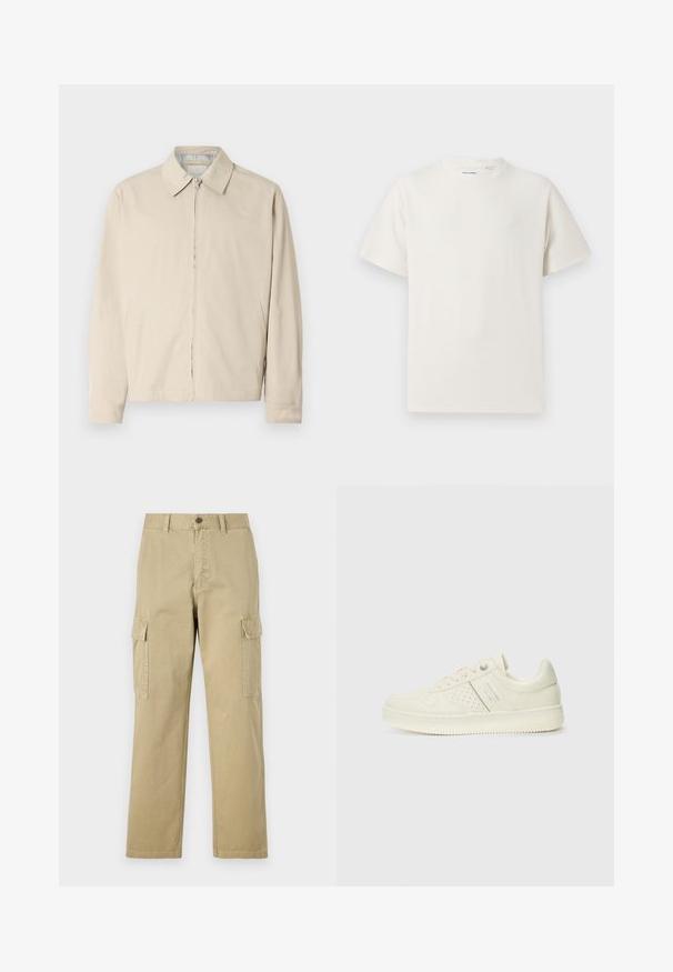Beige leichte Jacke mit spitzem Kragen, frontalem Reißverschluss und seitlichen Taschen. Glatte Textur und schlichtes Design.; Weißes T-Shirt mit kurzen Ärmeln in gerippter Textur. Runder Ausschnitt, lockere Passform, keine sichtbaren Muster oder Akzente. Einfaches und vielseitiges Design.; Beige Cargo-Hosen aus Baumwolle, mit zwei Seitentaschen, einem Knopfverschluss und geraden Beinen aus einem leicht strukturierten Stoff.; Cremefarbene Sneaker mit perforierten Details, Schnürsenkeln und Logo an der Seite, vor einem schlichten weißen Hintergrund präsentiert.