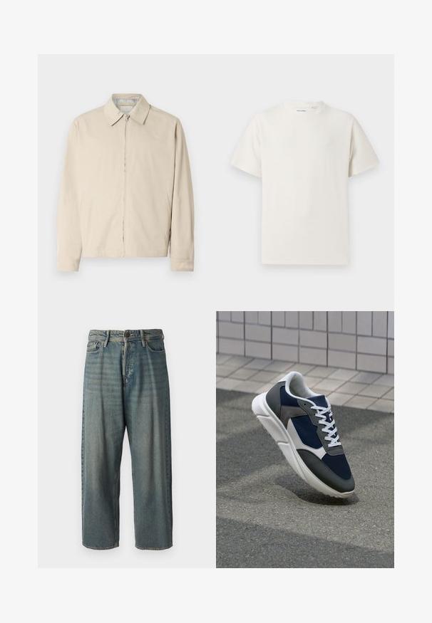 Bež kerge jakk terava kraega, eeslukuga ja küljetaskutega. Sile tekstuur ja lihtne disain.; Valge lühikeste varrukatega T-särk ribakudumises. Ümar kaelus, mugav lõige, nähtavad mustrid ega aksessuaarid puuduvad. Lihtne ja mitmekesine disain.; Heledad sinine denim-stiilis teksad, volüümse lõike, keskmise kõrgusega talje ja sirgete säärega. Omab viit taskut, vöökumme ja nööpide sulgemist.; Sneaker, mille sinine võrkkangas, hallid nubukdetailid, valge kummitald ja lamedad valged paelad, disainitud mugavuseks ja hingavuseks.