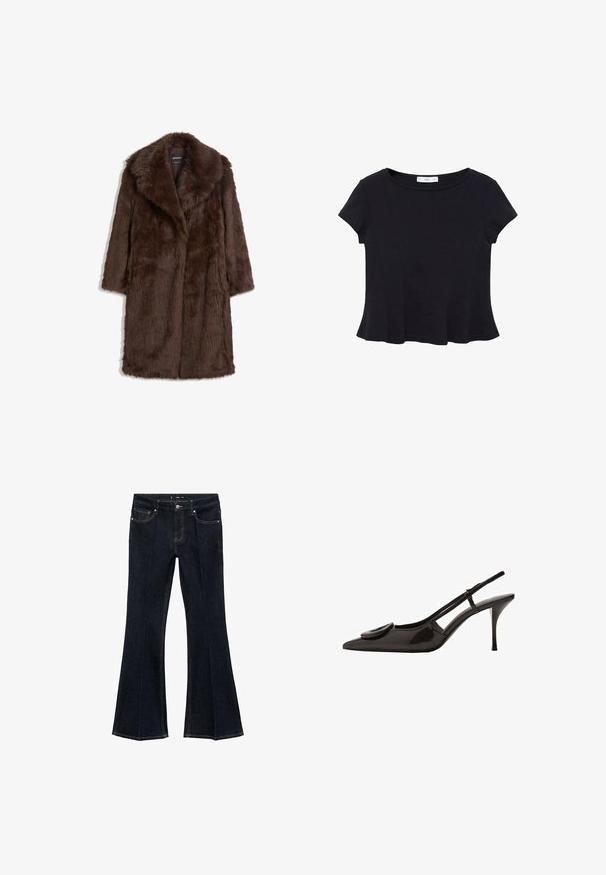 Hnědý kabát z umělé kožešiny s širokým límcem, dlouhými rukávy a střední délkou, s měkkým a texturovaným povrchem.; Černý tričko s krátkým rukávem vyrobené z měkké tkaniny, s kulatým výstřihem a rozšířeným lemem s jemným švem.; Tmavě modré denimové džíny s vysokým pasem, předními kapsami a rozšířenými nohavicemi, vystavené na bílém pozadí.; Černé lakované kožené sandály se špičatou špičkou, minimalistickým designem, malým kulatým akcentem na nártu a štíhlým podpatkem.