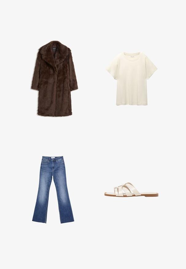 Hnědý kabát z umělé kožešiny s širokým límcem, dlouhými rukávy a střední délkou, s měkkým a texturovaným povrchem.; Svetle béžové tričko s krátkým rukávem a kulatým výstřihem, vyrobené z jemné, hladké tkaniny. Má uvolněný střih a rovný lem.; Modré denimové džíny s vysokým pasem, předními kapsami a mírným rozšířením na spodní části na bílém pozadí.; Ploché sandály s hnědou gumovou podrážkou, navržené se třemi překrývajícími se bílými koženými řemínky a malým mašlí uprostřed.