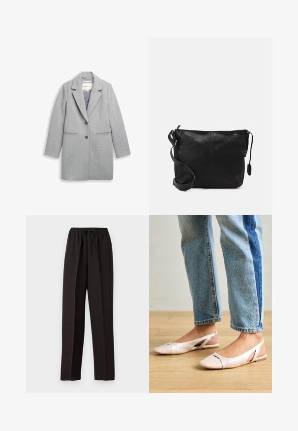 Palton gri dintr-un amestec de lână, cu rever tăiat, închidere cu două nasturi, buzunare laterale și mâneci lungi. Textură netedă și design elegant.; Pulover negru cu guler înalt, cu mâneci lungi și o croială lejeră, realizat dintr-un material tricotat moale.; Pantaloni negri, cu picioare largi, cu un tiv elastic și șnur ajustabil. Realizați dintr-un material neted, ușor, fără modele vizibile.; Sandalete plate de un roz pal cu vârf ascuțit, realizate dintr-un material asemănător pielii, neted. Prezintă detalii decupate pe laterale și un toc plat.; Geantă de umăr din piele neagră, cu o formă plată, accente de metal auriu și o curea ajustabilă. Textură netedă cu detalii de cusătură minime.
