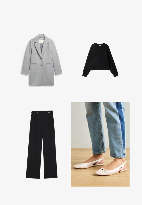 Sivý kabát z vlnenej zmesi s klopovým golierom, dvojitým zapínaním na gombíky, bočnými vreckami a dlhými rukávmi. Hladká textúra a prispôsobený dizajn.; Čierny pletený sveter s okrúhlym výstrihom, dlhými rukávmi a rebrovanou textúrou. Skrátený strih a voľný strih.; Čierne široké nohavice s vysokým pásom, so zapínaním na gombíky na páse a prednými sklady.; Svetloružové slingback baleríny s jemne špicatou špičkou, vyrobené z hladkého materiálu pripomínajúceho kožu. Majú výrezové detaily na stranách a plochý opätok.