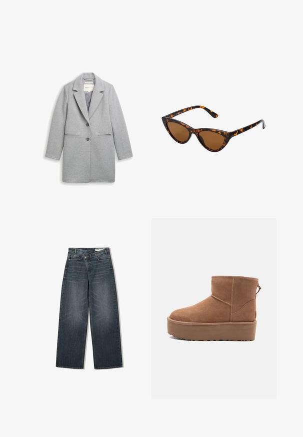 Grå ullblandad kappa med spetsig krage, tvåknappsstängning, sidofickor och långa ärmar. Slät textur och skräddarsydd design.; Beige halterneck-top med draperad front, med en smidig textur och små metalliska detaljer längs halsringningen. Knyts i ryggen.; Mörk tvättade denimjeans med vida ben, hög midja, fem fickor och subtila slitningar framtill.; Tan mockasköna med plattformssula, rund tå och broderade detaljer; har en dragflik baktill för enkel påtagning.; Kattögon-solglasögon med en ram i svart och orange sköldpaddsmönster, bruna linser och smala, spetsiga tips. Har en minimalistisk logotyp på bågen.