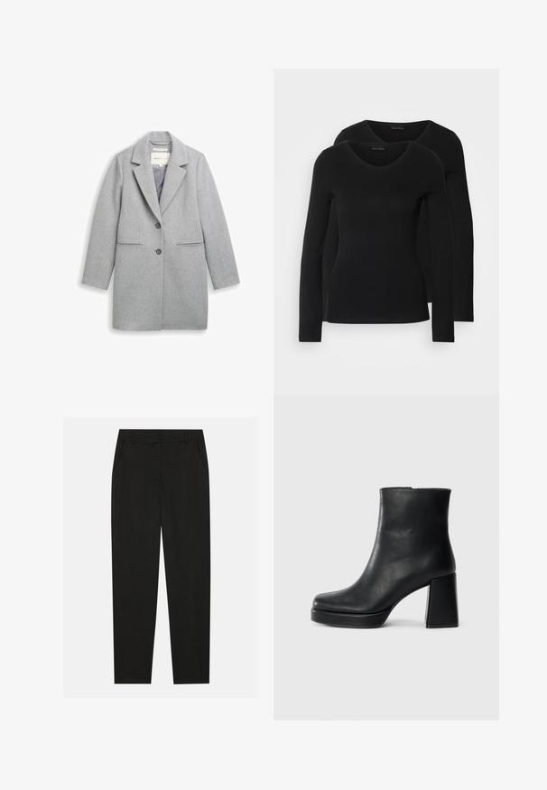 Pilkas vilnos mišinys paltas su įpjautu atvartu, dviem mygtukais, šoninėmis kišenėmis ir ilgomis rankovėmis. Lygus paviršius ir tinkamai pritaikytas dizainas.; Du į juodas ilgomis rankovėmis marškiniai su V formos iškirpte, pagaminti iš minkštos, tamprios medžiagos, rodantys lygią tekstūrą ir prigludusią formą.; Juodos kelnes su pritaikytu dizainu, turinčios šonines kišenes ir tiesią koją. Pagamintos iš lygaus, lengvo audinio su blizgiu paviršiumi.; Juodas odinis kulkšninis botas su bloku ir platformos padu, matomas šoniniu vaizdu ant balto fono.