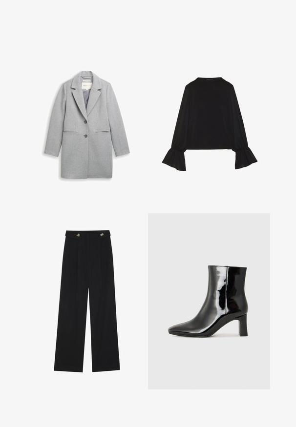 Siv voolen plašč iz mešanice zavor, z notched ovratnikom, dvema gumboma za zapiranje, stranskima žepoma in dolgimi rokavi. Gladka tekstura in krojena zasnova.; Črn dolg rokav vrh z razširjenimi manšetami, mehko teksturo in sproščenim krojem, z preprostim okroglim izrezom.; Črne široke hlače s visokim pasom, gumbnimi detajli na pasu in sprednjimi gubami.; Črne lakirane gležnjarje z ošiljenim nosom in srednje visokim blokastim peto. Gladka tekstura in minimalističen dizajn.