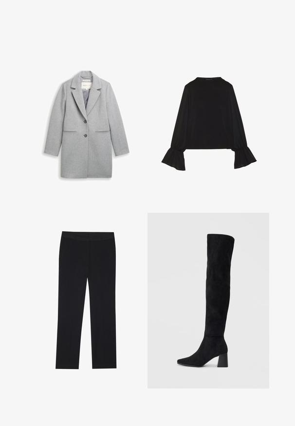 Szary płaszcz z mieszanki wełny z wyłogowym kołnierzem, zapięciem na dwa guziki, bocznymi kieszeniami i długimi rękawami. Gładka tekstura i dopasowany krój.; Czarny top z długim rękawem, z rozkloszowanymi mankietami, miękką fakturą i luźnym krojem, z prostym okrągłym dekoltem.; Czarne spodnie o prostym kroju nogawki, z bocznymi kieszeniami i gładką strukturą materiału. Minimalistyczne detale, czysty pas. ; Czarne zamszowe botki do kolan na kwadratowym obcasie, z wydłużonym noskiem i gładkim, bezszwowym wzorem na jednolitym jasnym tle.
