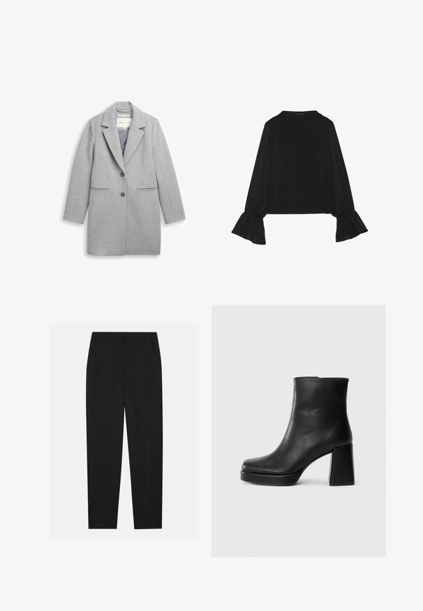 Pilkas vilnos mišinys paltas su įpjautu atvartu, dviem mygtukais, šoninėmis kišenėmis ir ilgomis rankovėmis. Lygus paviršius ir tinkamai pritaikytas dizainas.; Juoda ilgomis rankovėmis palaidinė su išsiplėtusiais rankogaliais, minkšta tekstūra ir laisva forma, su paprastu apvaliu kaklu.; Juodos kelnes su pritaikytu dizainu, turinčios šonines kišenes ir tiesią koją. Pagamintos iš lygaus, lengvo audinio su blizgiu paviršiumi.; Juodas odinis kulkšninis botas su bloku ir platformos padu, matomas šoniniu vaizdu ant balto fono.