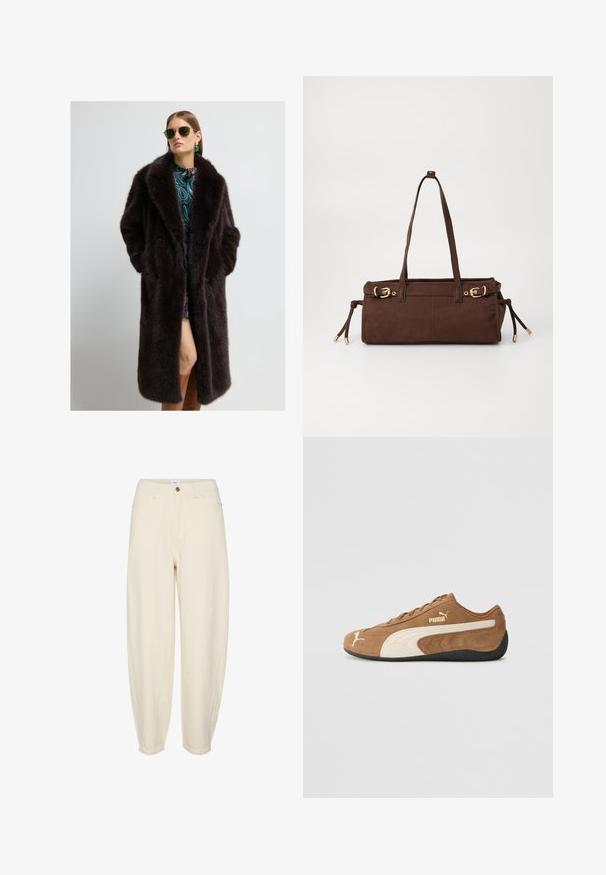 Hnědý kabát z umělé kožešiny s dvouřadým zapínáním, velkým límcem a bočními kapsami. Modelka má na sobě vzorované šaty a doplňky.; béžový pletený svetr s vysokým límcem, půl zips a rukávy s klesajícími rameny. Má vroubkovaný lem a manžety.; Světle béžové bavlněné kalhoty s volným střihem, zúženými nohavicemi, předními kapsami a jedním knoflíkem na zapínání v pase.; Hnědé semišové nízké tenisky s krémovými akcenty, texturovaným povrchem, černou gumovou podrážkou a vyšívaným logem na boku a jazyku.; Hnědá semišová taška přes rameno se dvěma ramenními popruhy, zlatými kovovými detaily a nastavitelnými bočními stahovacími šňůrkami. Obsahuje zipové uzavření a hladký povrch.