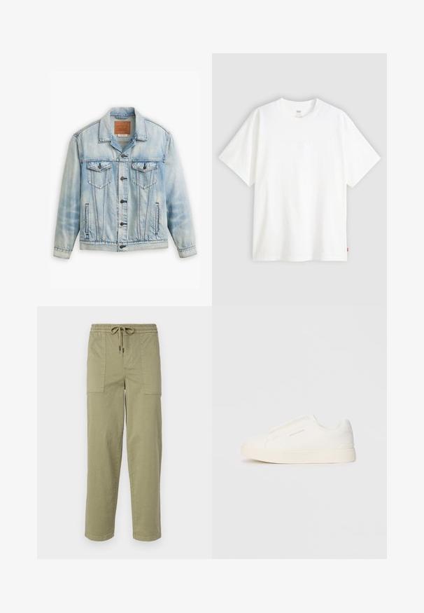 Hele sinine teksajakk klassikalisel disainil, millel on kaks rinna taskut, nööbiga sulgemine ja kerge kulumise tekstuur.; Valge lühikeste varrukatega puuvillane T-särk, millel on ümmargune kaelus. Ees on peene reljeefse logoga detail ja hemmi peal punane silt.; Kerged oliivrohelised püksid, mis on valmistatud puuvilla segakangast, elastse vöökoha ja nööriga, ning kahel suurel küljeosal.; Valged libisemiskindlad tossud tekstuuriga pinnaga, paksu tallaga ja minimalistikus disainis. Küljel on brändi logo.