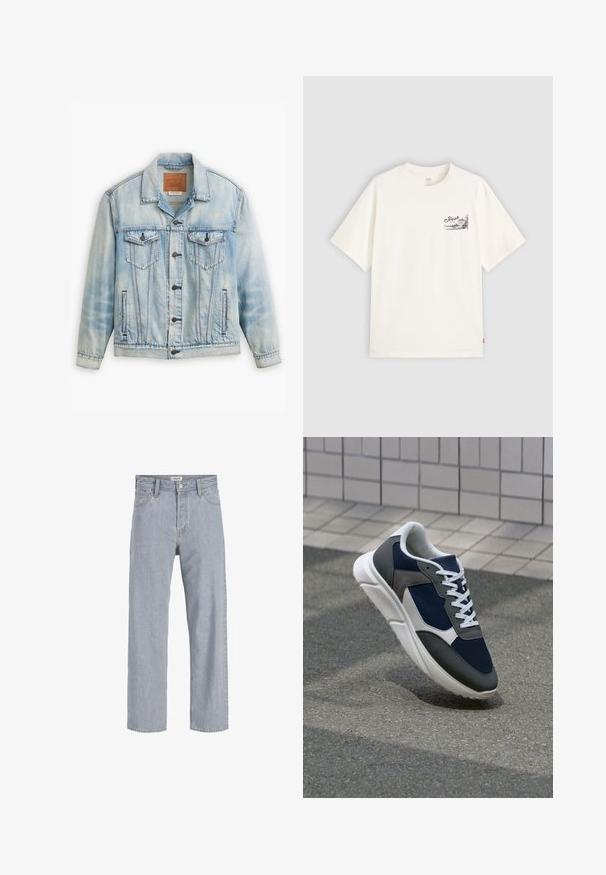 Šviesiai mėlynas džinsinis švarkas su klasikinio dizaino bruožais, turintis dvi krūtinės kišenes, sagų uždarymą ir šiek tiek nusidėvėjusį tekstūrą.; Balta trumpa rankovė t-shirt pagaminta iš medvilnės, su juodu grafiniu dizainu kairėje krūtinės pusėje, ant kurio užrašyta žodis "Fresh."; Šviesiai mėlynos džinsinės kelnės su laisvu siluetu, tiesiomis kojomis, matomomis siūlėmis, dviem priekiniams kišenėmis ir mygtukų užtrauktuku.; Sportiniai bateliai su tamsiai mėlynu tinkliniu viršumi, pilkais zomšiniais akcentais, balta guma padanga ir plokščiomis baltomis raištelėmis, sukurti komfortui ir oro pralaidumui.