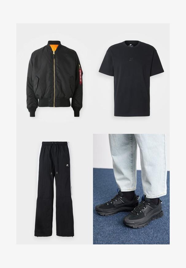 Black bomber jacket with gold zipper, ribbed cuffs, and an orange lining. Features a side pocket and a branded red tag on the sleeve.; Nike black cotton t-shirt with a classic crew neck, short sleeves, and a subtle, embossed logo on the chest. Smooth texture.; Black sports pants with elastic waistband, white side stripes, zippered cuffs, and a rubberized logo detail on the front.; Black athletic shoes with textured fabric and rubber soles, featuring elastic laces and a blue accent on the heel. Worn with light denim pants.