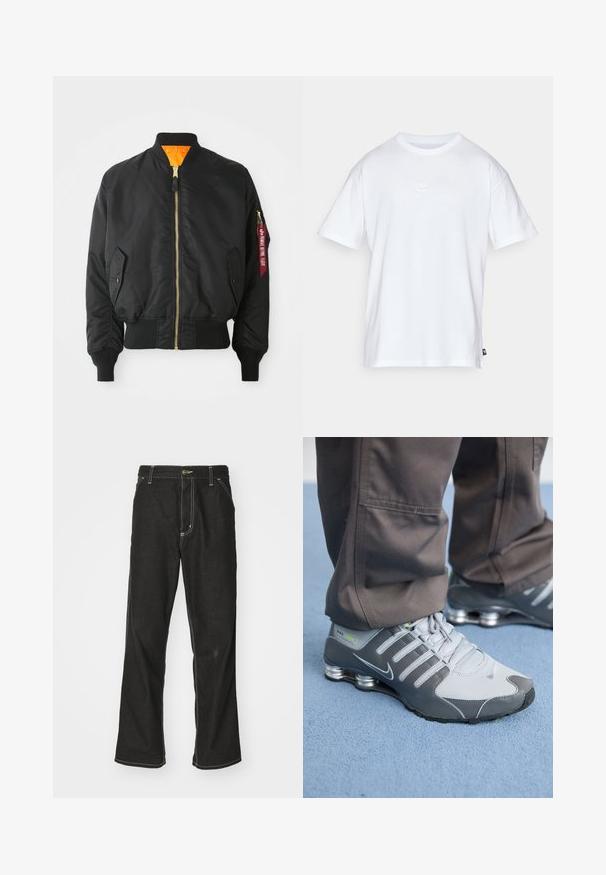 Sort bomberjakke med guld lynlås, ribbet manchetter og en orange foring. Har en sidelomme og et mærket rødt tag på ærmet.; Hvid bomulds T-shirt med korte ærmer og rund hals. Har et lille, diskret Nike-logo på brystet og et sidelabel.; Sorte denimjeans med løs pasform, der har kontrasterende hvid syning, en knaplukning og et lige ben-design.; Grå og sølv Nike Shox sneakers har et slankt design med mesh og syntetiske materialer, en rund tå og en polstret krave.