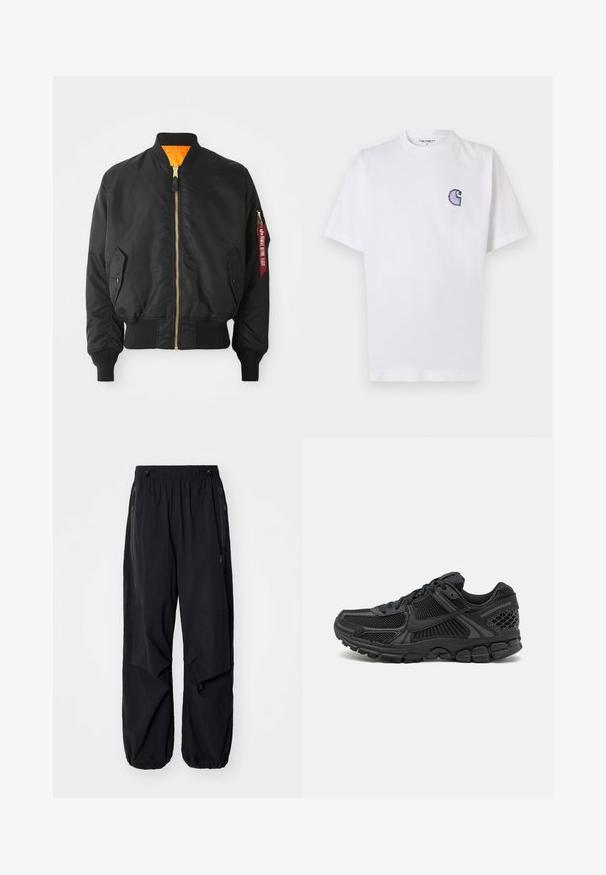 Schwarze Bomberjacke mit goldenem Reißverschluss, gerippten Bündchen und orangefarbener Innenauskleidung. Verfügt über eine Seitentasche und ein markiertes rotes Etikett am Ärmel.; Weißes Baumwoll-T-Shirt mit kurzen Ärmeln, rundem Halsausschnitt und einem kleinen, gestickten blauen "C"-Logo auf der linken Brustseite.; Schwarze leichte Cargo-Hosen mit elastischem Bund, seitlichen Reißverschlüssen und geräumigen Taschen. Bietet eine lockere Passform und tapered Bündchen.; Schwarzer Sportschuh mit mesh-Obermaterial, Gummisohle und strukturierten Akzenten. Das Design umfasst ein ausgeprägtes Schnürsystem und eine gepolsterte Sohle.