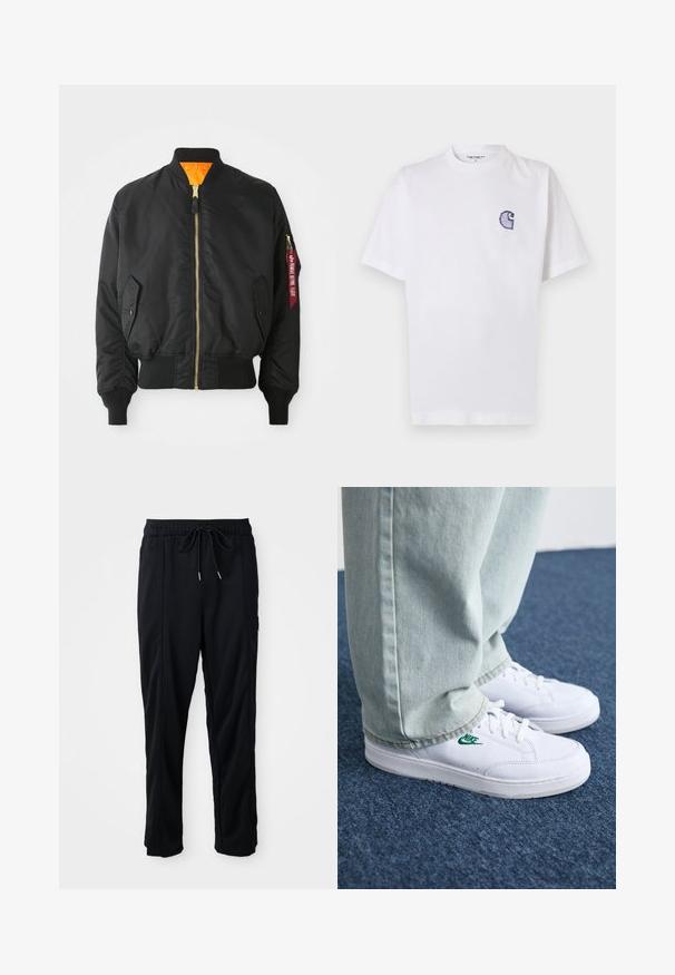 Casaco bomber preto com fecho dourado, punhos canelados e forro laranja. Apresenta um bolso lateral e uma etiqueta vermelha de marca na manga.; T-shirt branca de algodão com mangas curtas, decote redondo e um pequeno logotipo azul "C" bordado no lado esquerdo do peito.; Calças casuais pretas com cordão na cintura, com bolsos laterais e corte reto, sobre um fundo simples.; Tênis de couro brancos com logo verde da Nike, bico redondo, sola plana, combinados com calças de denim azul claro, exibidos sobre um tapete azul.